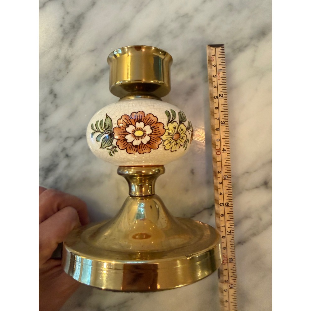 Vintage 70s Brass and Floral Ceramic Taper Candle Holder 7 Inch Cottagecore